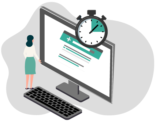 insurance credentialing services process illustration with assistant, computer, and stopwatch